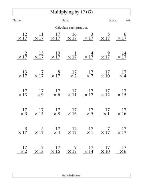 The Multiplying (1 to 17) by 17 (49 Questions) (G) Math Worksheet