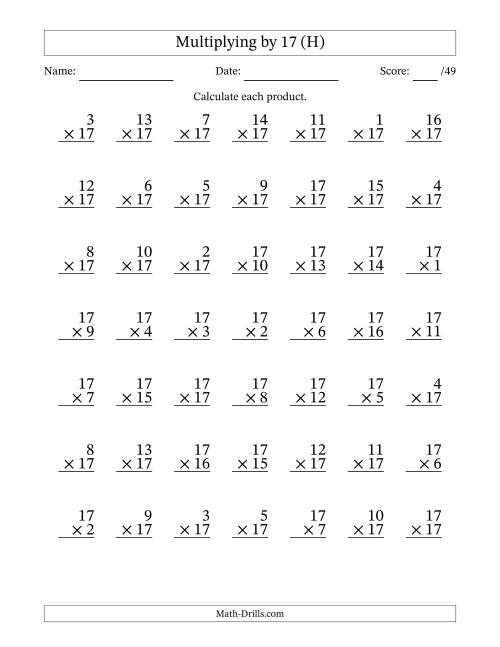The Multiplying (1 to 17) by 17 (49 Questions) (H) Math Worksheet