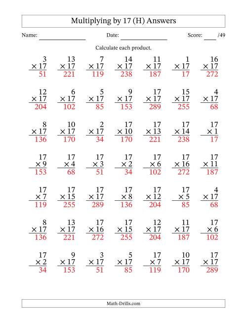 The Multiplying (1 to 17) by 17 (49 Questions) (H) Math Worksheet Page 2