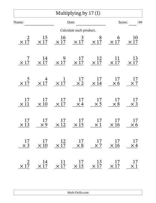 The Multiplying (1 to 17) by 17 (49 Questions) (I) Math Worksheet