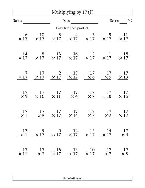The Multiplying (1 to 17) by 17 (49 Questions) (J) Math Worksheet