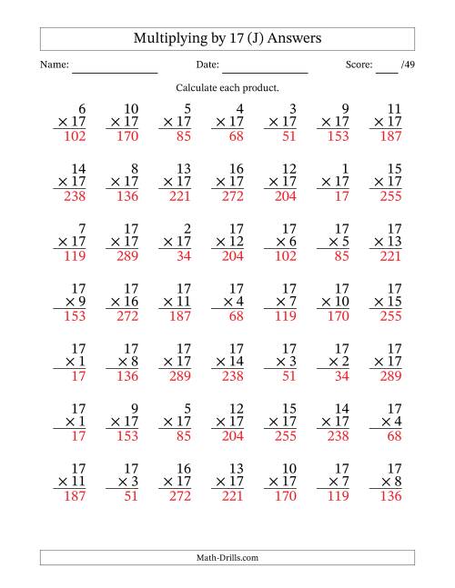 The Multiplying (1 to 17) by 17 (49 Questions) (J) Math Worksheet Page 2