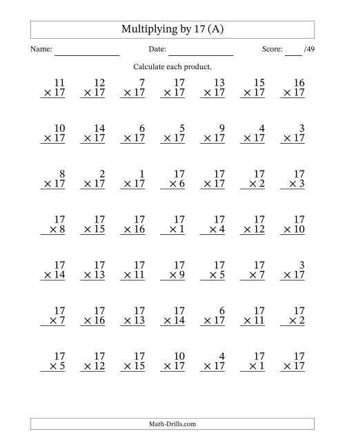 The Multiplying (1 to 17) by 17 (49 Questions) (All) Math Worksheet
