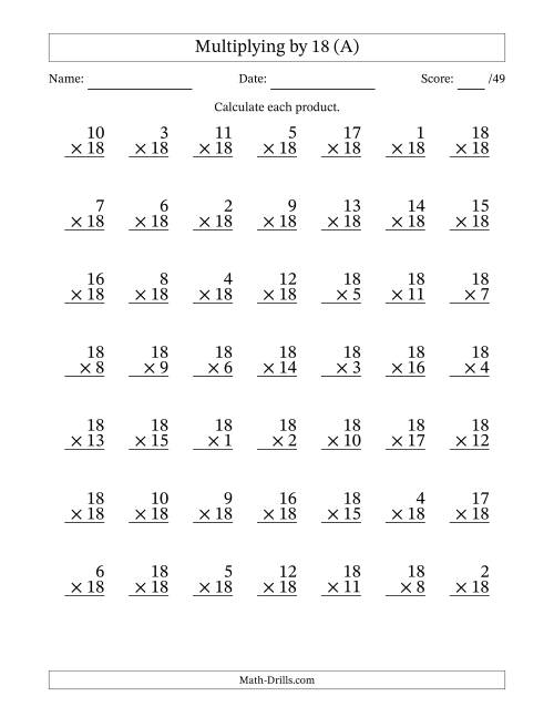 The Multiplying (1 to 18) by 18 (49 Questions) (A) Math Worksheet