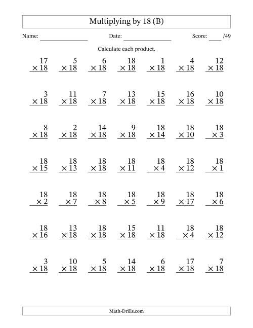 The Multiplying (1 to 18) by 18 (49 Questions) (B) Math Worksheet