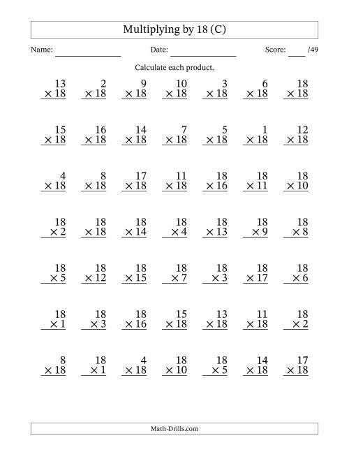 The Multiplying (1 to 18) by 18 (49 Questions) (C) Math Worksheet