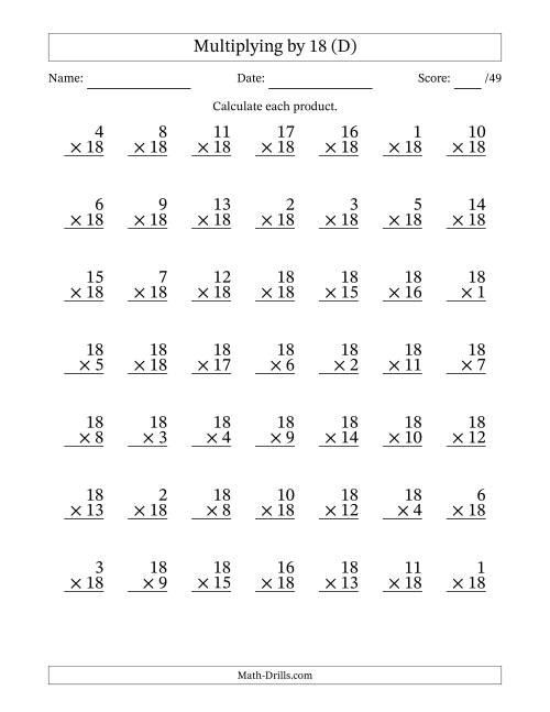 The Multiplying (1 to 18) by 18 (49 Questions) (D) Math Worksheet