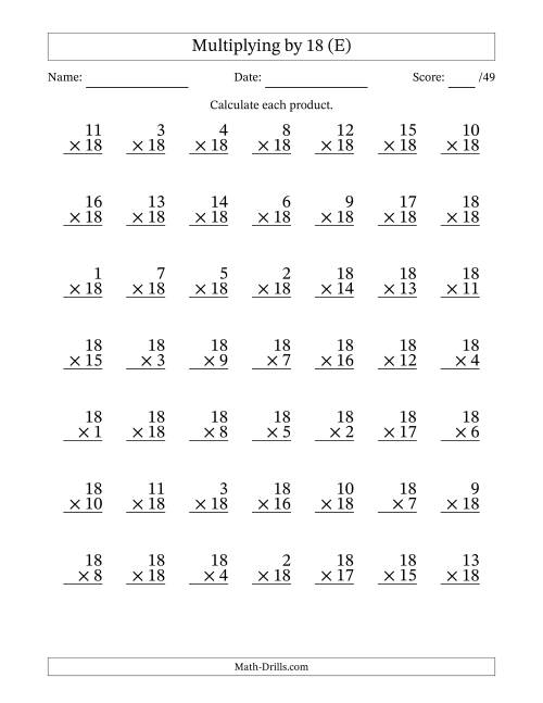 The Multiplying (1 to 18) by 18 (49 Questions) (E) Math Worksheet