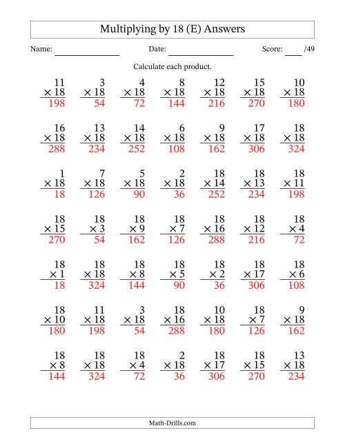 The Multiplying (1 to 18) by 18 (49 Questions) (E) Math Worksheet Page 2