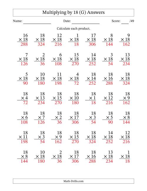 The Multiplying (1 to 18) by 18 (49 Questions) (G) Math Worksheet Page 2