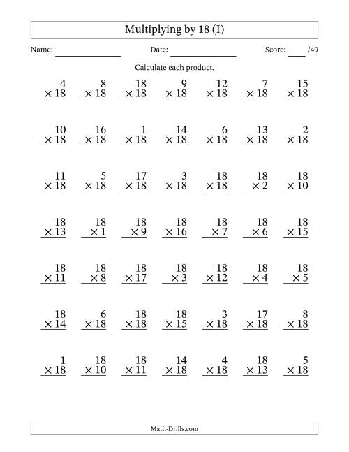 The Multiplying (1 to 18) by 18 (49 Questions) (I) Math Worksheet