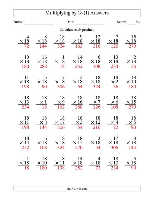 The Multiplying (1 to 18) by 18 (49 Questions) (I) Math Worksheet Page 2