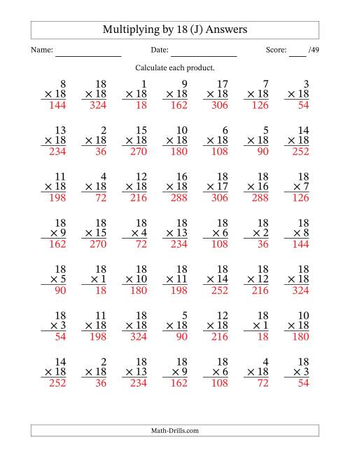 The Multiplying (1 to 18) by 18 (49 Questions) (J) Math Worksheet Page 2