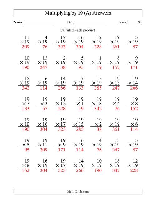The Multiplying (1 to 19) by 19 (49 Questions) (A) Math Worksheet Page 2
