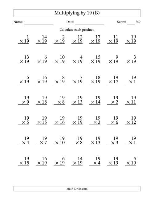 The Multiplying (1 to 19) by 19 (49 Questions) (B) Math Worksheet