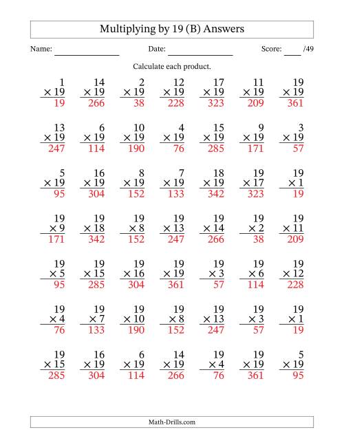 The Multiplying (1 to 19) by 19 (49 Questions) (B) Math Worksheet Page 2
