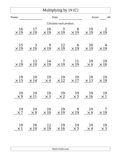 The Multiplying (1 to 19) by 19 (49 Questions) (C) Math Worksheet