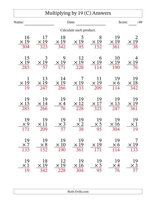 The Multiplying (1 to 19) by 19 (49 Questions) (C) Math Worksheet Page 2