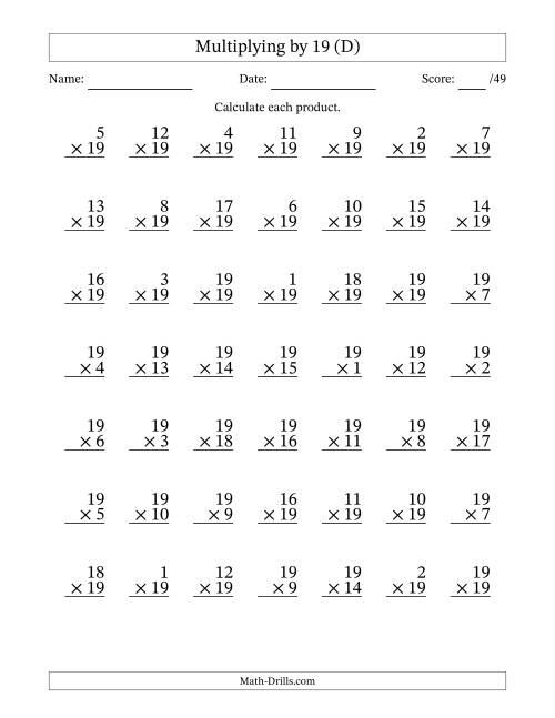 The Multiplying (1 to 19) by 19 (49 Questions) (D) Math Worksheet