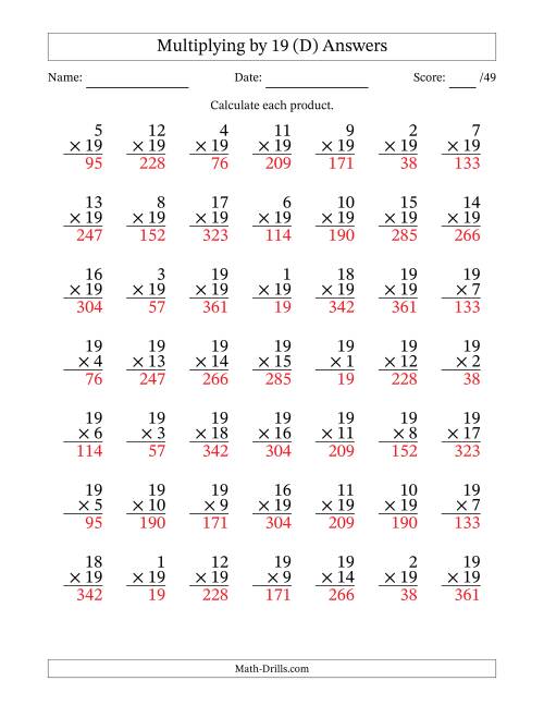 The Multiplying (1 to 19) by 19 (49 Questions) (D) Math Worksheet Page 2