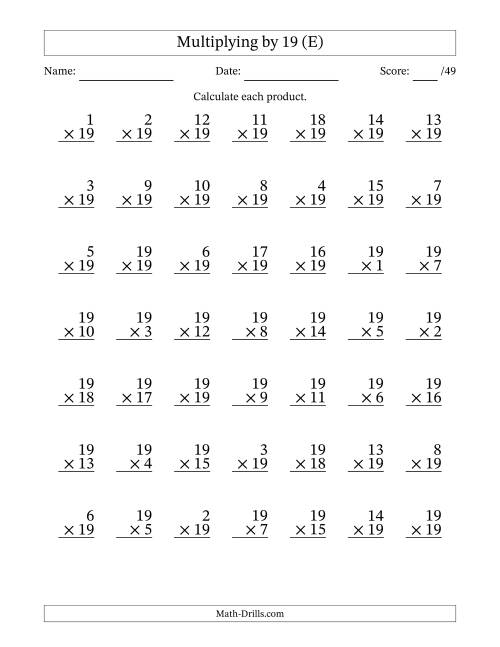 The Multiplying (1 to 19) by 19 (49 Questions) (E) Math Worksheet