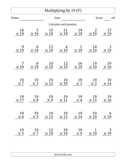 The Multiplying (1 to 19) by 19 (49 Questions) (F) Math Worksheet