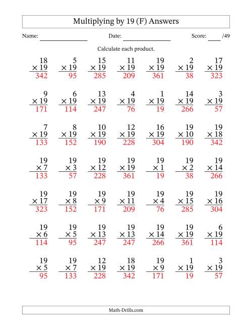 The Multiplying (1 to 19) by 19 (49 Questions) (F) Math Worksheet Page 2