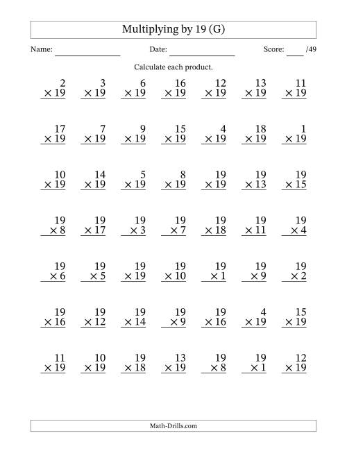 The Multiplying (1 to 19) by 19 (49 Questions) (G) Math Worksheet