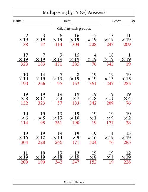 The Multiplying (1 to 19) by 19 (49 Questions) (G) Math Worksheet Page 2
