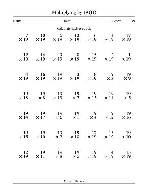 The Multiplying (1 to 19) by 19 (49 Questions) (H) Math Worksheet