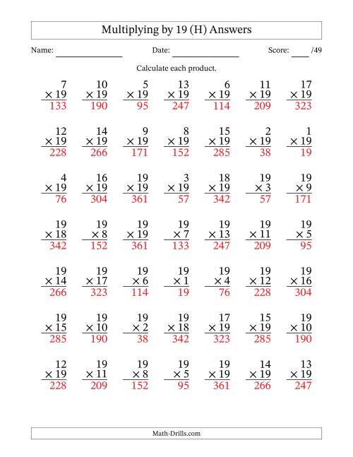 The Multiplying (1 to 19) by 19 (49 Questions) (H) Math Worksheet Page 2