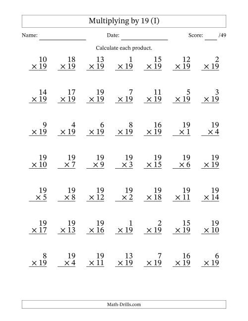 The Multiplying (1 to 19) by 19 (49 Questions) (I) Math Worksheet