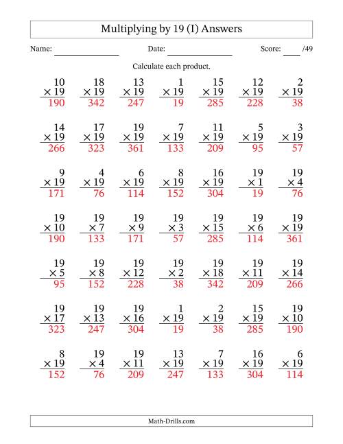 The Multiplying (1 to 19) by 19 (49 Questions) (I) Math Worksheet Page 2