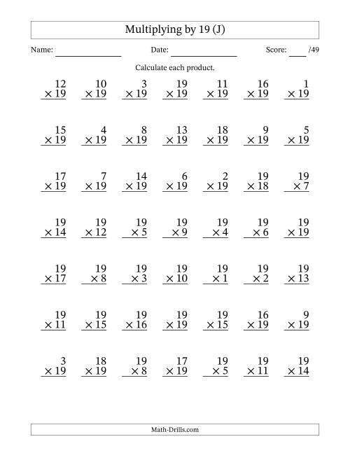 The Multiplying (1 to 19) by 19 (49 Questions) (J) Math Worksheet