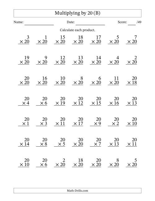 The Multiplying (1 to 20) by 20 (49 Questions) (B) Math Worksheet