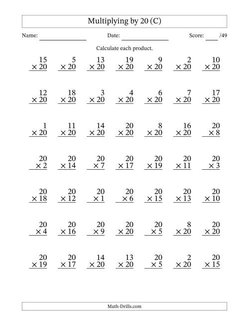 The Multiplying (1 to 20) by 20 (49 Questions) (C) Math Worksheet