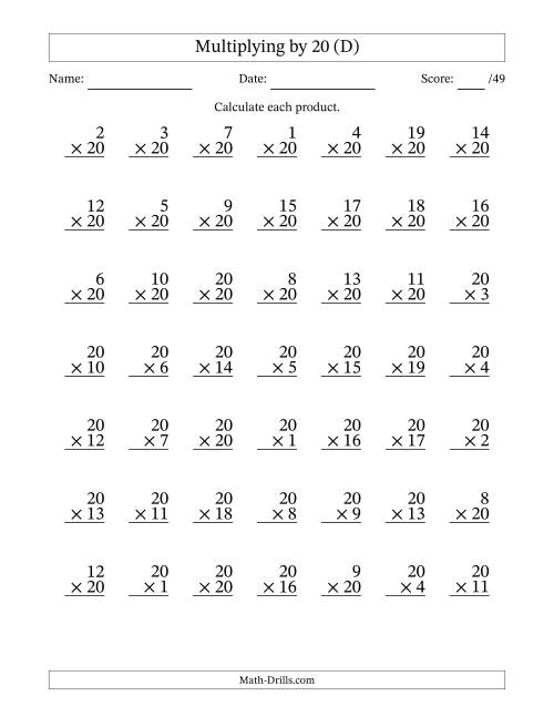 The Multiplying (1 to 20) by 20 (49 Questions) (D) Math Worksheet