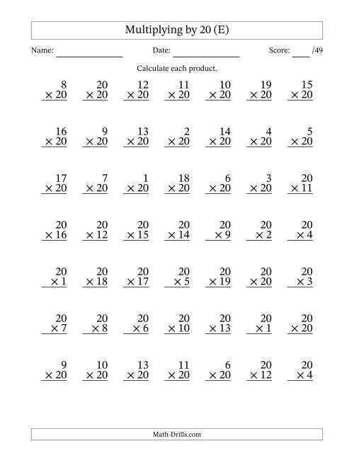 The Multiplying (1 to 20) by 20 (49 Questions) (E) Math Worksheet