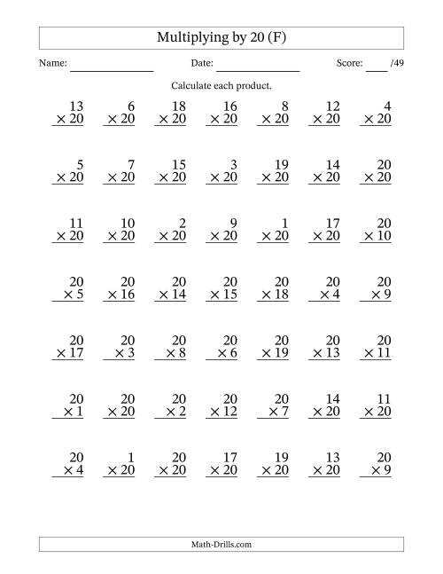 The Multiplying (1 to 20) by 20 (49 Questions) (F) Math Worksheet
