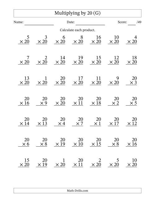 The Multiplying (1 to 20) by 20 (49 Questions) (G) Math Worksheet