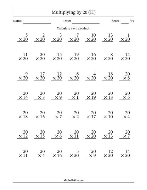 The Multiplying (1 to 20) by 20 (49 Questions) (H) Math Worksheet