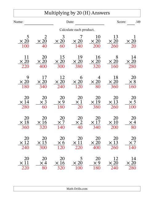 The Multiplying (1 to 20) by 20 (49 Questions) (H) Math Worksheet Page 2