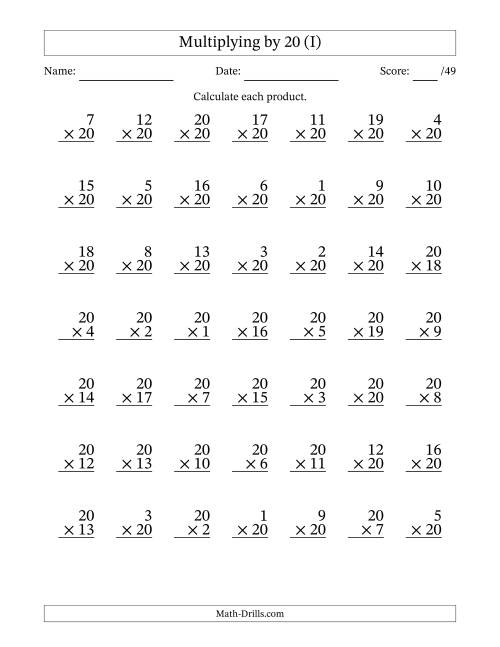 The Multiplying (1 to 20) by 20 (49 Questions) (I) Math Worksheet