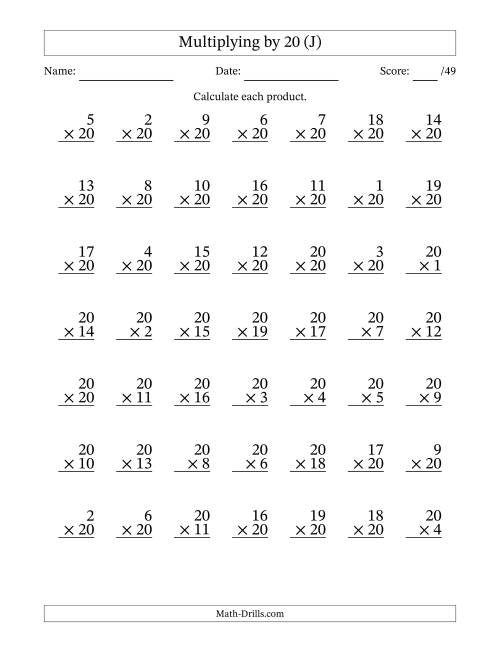 The Multiplying (1 to 20) by 20 (49 Questions) (J) Math Worksheet