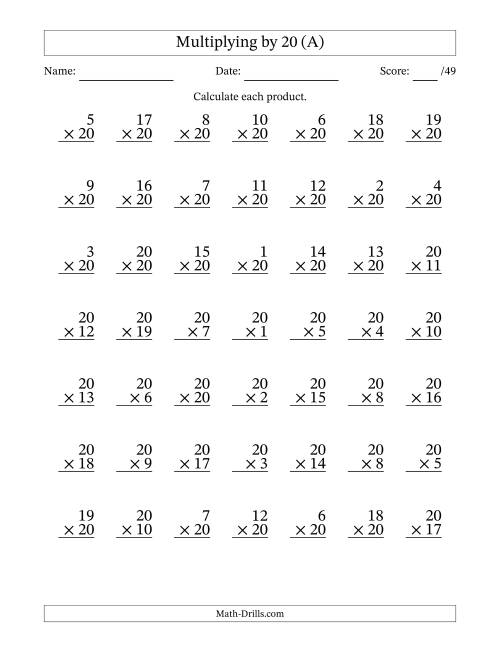 The Multiplying (1 to 20) by 20 (49 Questions) (All) Math Worksheet