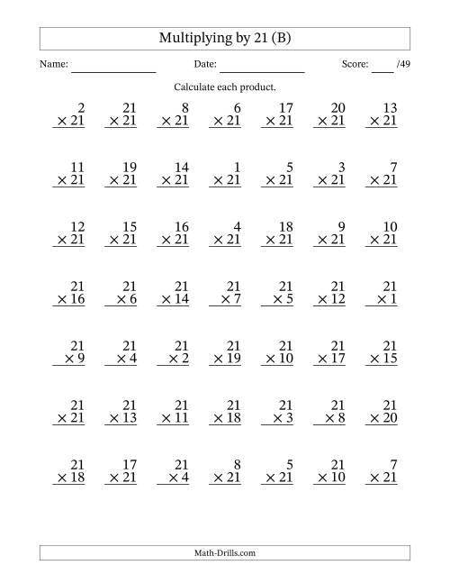 The Multiplying (1 to 21) by 21 (49 Questions) (B) Math Worksheet