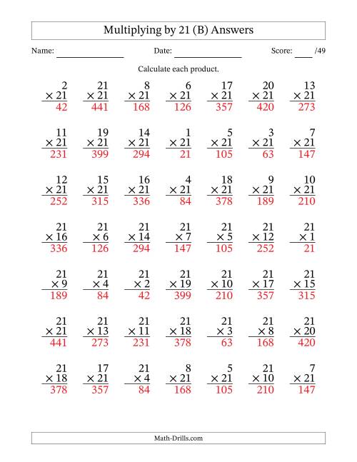 The Multiplying (1 to 21) by 21 (49 Questions) (B) Math Worksheet Page 2