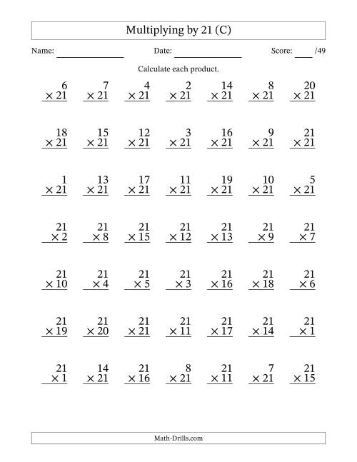 The Multiplying (1 to 21) by 21 (49 Questions) (C) Math Worksheet