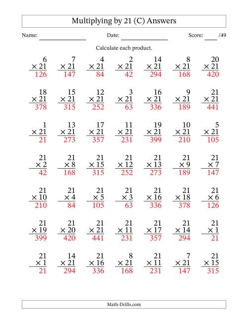 The Multiplying (1 to 21) by 21 (49 Questions) (C) Math Worksheet Page 2