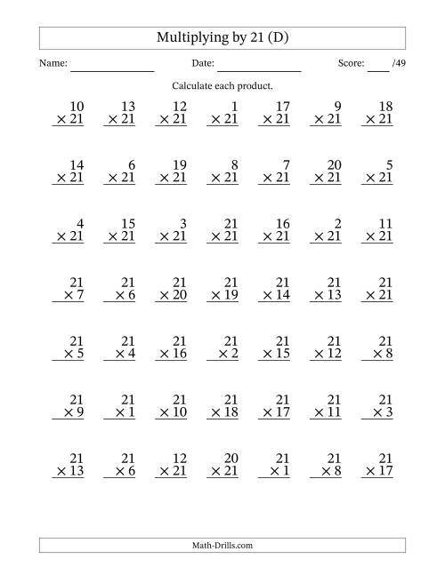 The Multiplying (1 to 21) by 21 (49 Questions) (D) Math Worksheet
